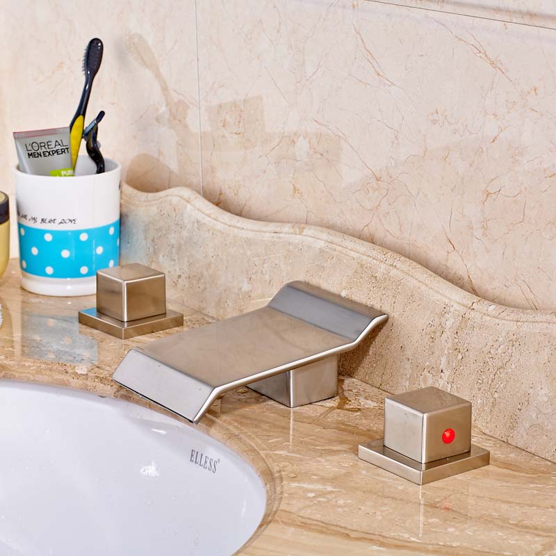 Brushed Bathroom Sink Faucet Double Handles Hot & Cold Water Mixer Tap