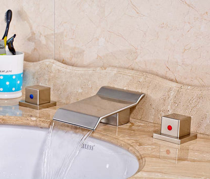 Brushed Bathroom Sink Faucet Double Handles Hot & Cold Water Mixer Tap