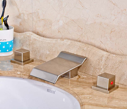 Brushed Bathroom Sink Faucet Double Handles Hot & Cold Water Mixer Tap