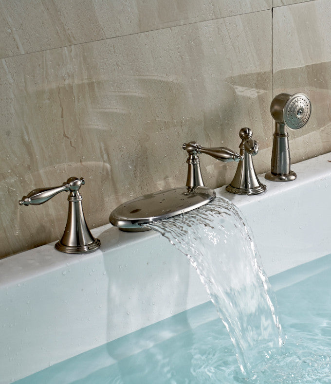 Brushed Waterfall Bathtub Filler with Hand Shower