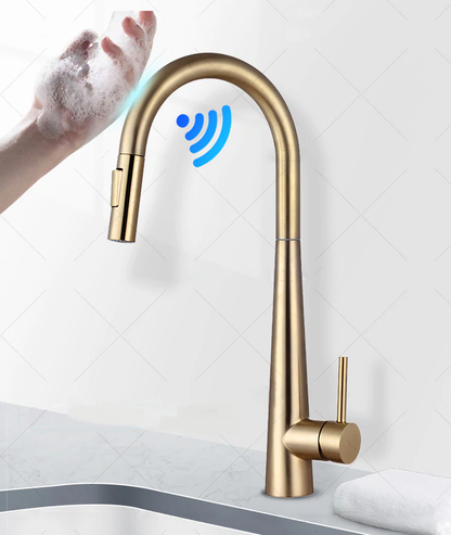 New Modern Design Brushed Gold Finish Touch Kitchen Faucet Pull Out Spray