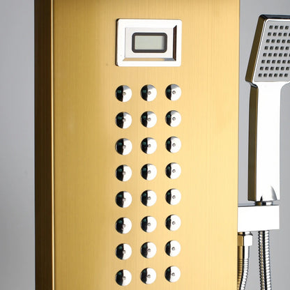 Juno Wall-Mounted Brushed Gold 4-Function Shower Panel with Rainfall, Waterfall, Body Jets & Handheld Wand