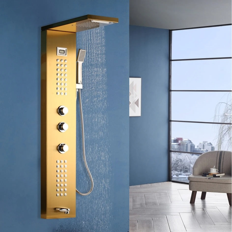 Juno Wall-Mounted Brushed Gold 4-Function Shower Panel with Rainfall, Waterfall, Body Jets & Handheld Wand
