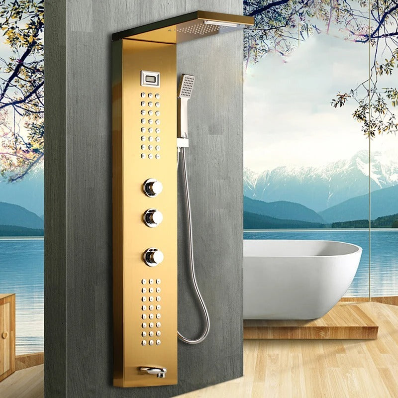 Juno Wall-Mounted Brushed Gold 4-Function Shower Panel with Rainfall, Waterfall, Body Jets & Handheld Wand
