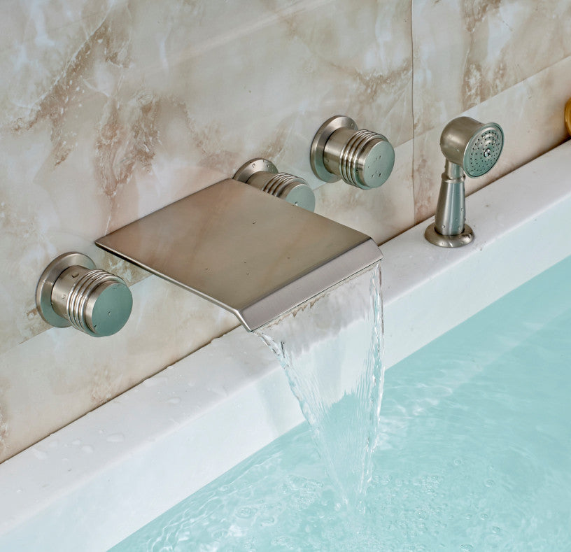Juno Brushed Nickel Bathtub Three Handles Mixer Tap With Brass Handshower