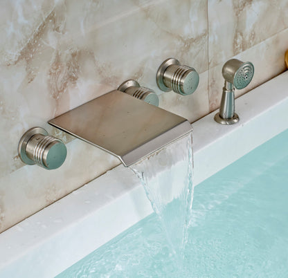 Juno Brushed Nickel Bathtub Three Handles Mixer Tap With Brass Handshower