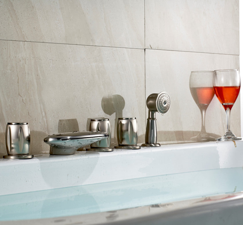 Brushed Nickel Deck Mount Bathtub Faucet Three Round Handles Mixer Tap