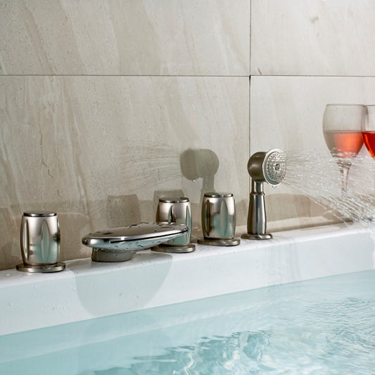 Brushed Nickel Deck Mount Bathtub Faucet Three Round Handles Mixer Tap