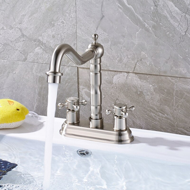 Juno Hook Shaped Spout Swivel Bathroom Faucet Freestanding Deck Mount Brass Dual Handle Bathroom Sink Faucet