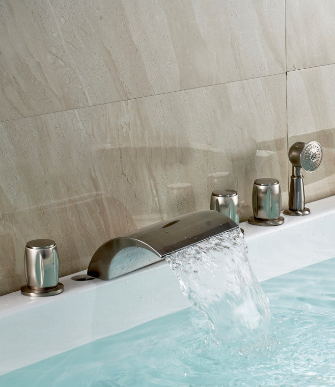 Contemporary Brushed Nickel Three Handle Deck Mount Faucet in Bathtub Faucet