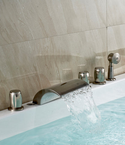 Contemporary Brushed Nickel Three Handle Deck Mount Faucet in Bathtub Faucet