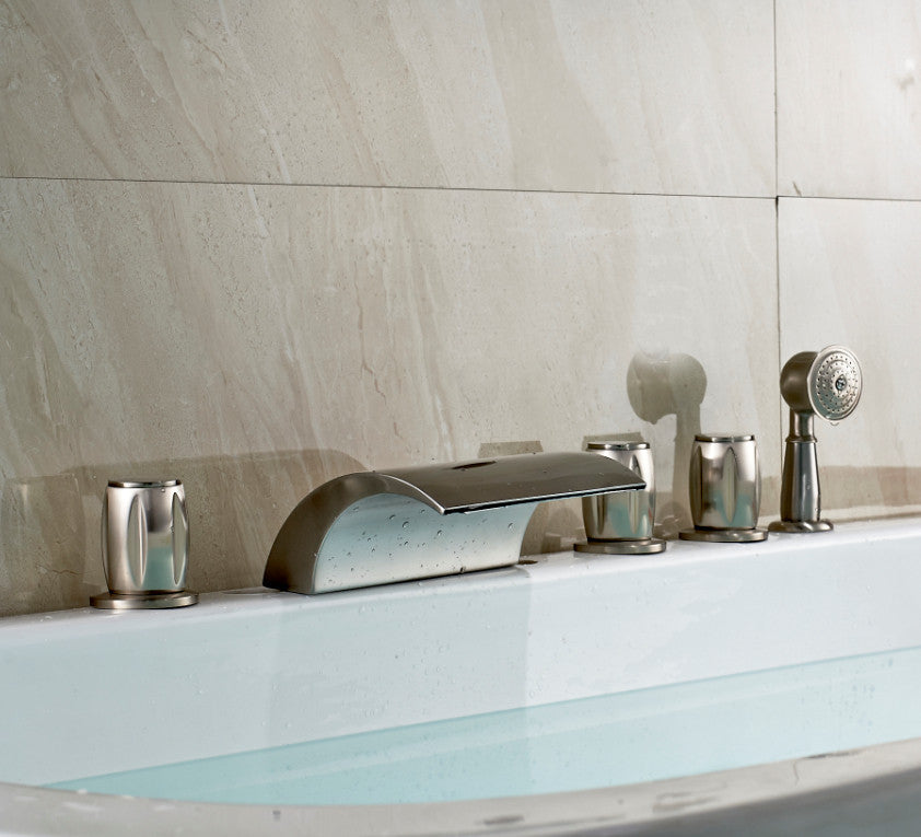 Contemporary Brushed Nickel Three Handle Deck Mount Faucet in Bathtub Faucet