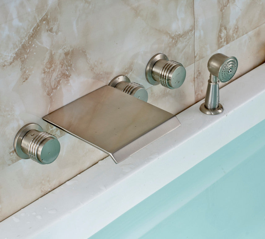 Juno Brushed Nickel Bathtub Three Handles Mixer Tap With Brass Handshower