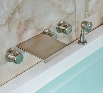 Juno Brushed Nickel Bathtub Three Handles Mixer Tap With Brass Handshower