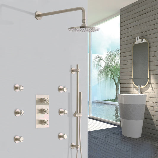 Cali Thermostatic Wall Mount Shower System With Six Body Jets in Brushed Nickel