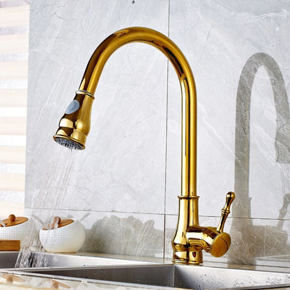 Ceramic Gold Deck Mounted Pull Out Kitchen Sink Faucet