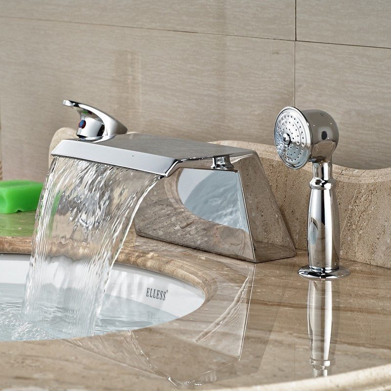 Ceramic Valve Waterfall Chrome Bathtub Faucet with Hand Shower
