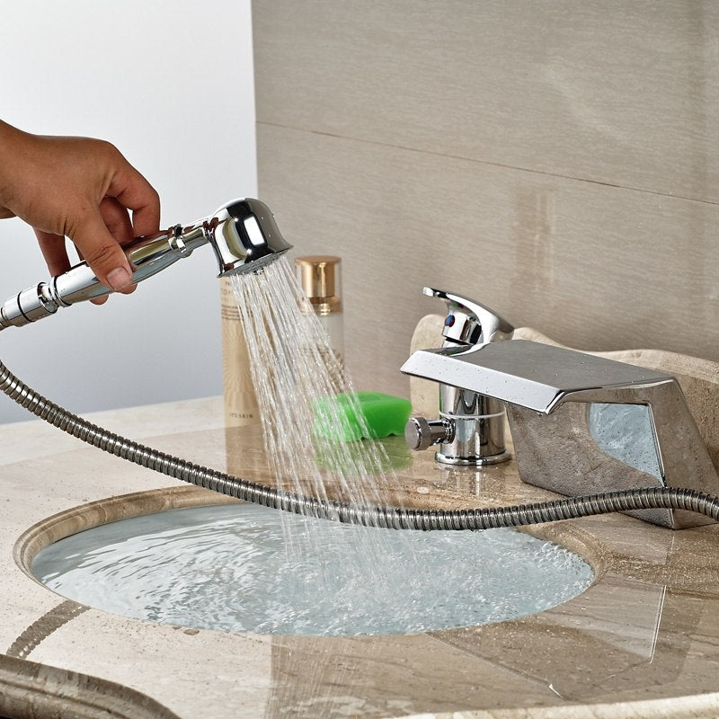 Ceramic Valve Waterfall Chrome Bathtub Faucet with Hand Shower