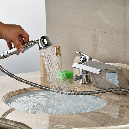 Ceramic Valve Waterfall Chrome Bathtub Faucet with Hand Shower