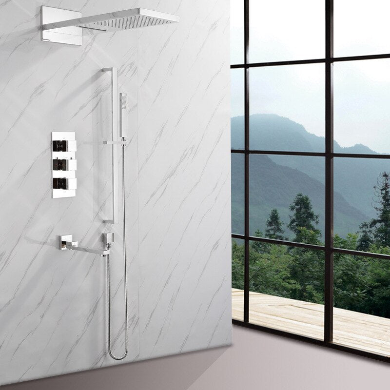 Juno Luxury Polished Chrome  Bathroom Thermostatic Rain Shower Faucet Set 