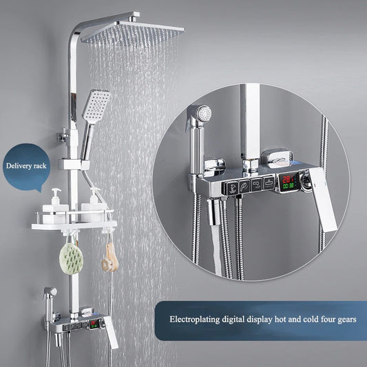 Juno Modern Chrome Finish Digital Display Thermostatic Shower Set With Four Shower Gear Booster Nozzle