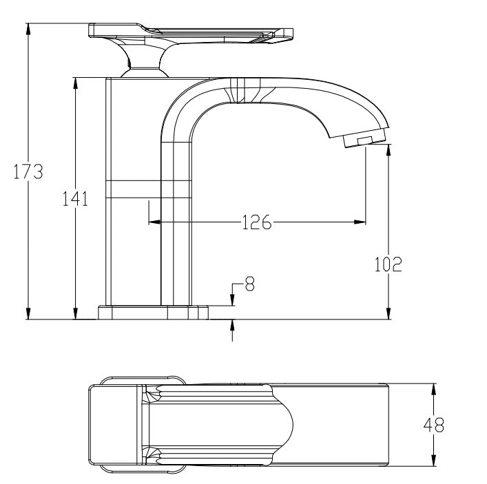 Chrome Waterfall Bathroom Basin Faucet - Dimensions