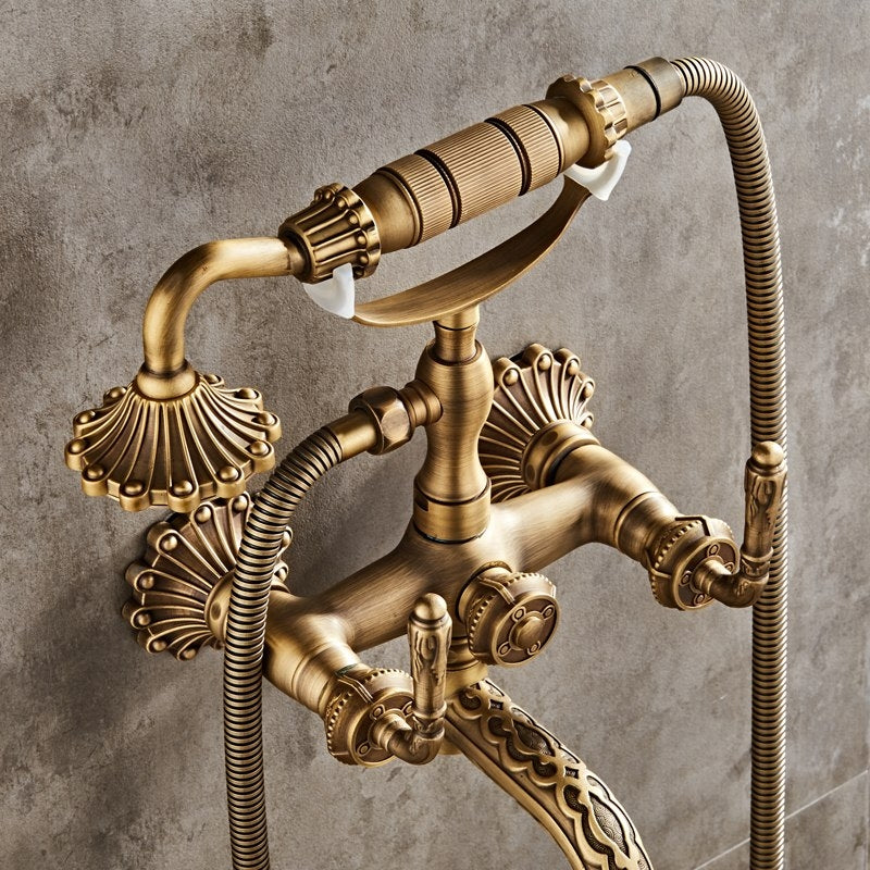 Classic Antique Brass Wall Mount bathroom Faucet with Hand Held Shower