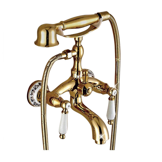 Claw Foot Dual Handle Gold Finish Bathtub Mixer Faucet with Hand Shower