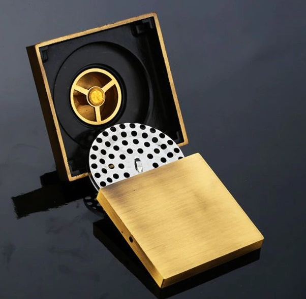 Colander Style Antique Brass Square 4” Bathroom Drain System