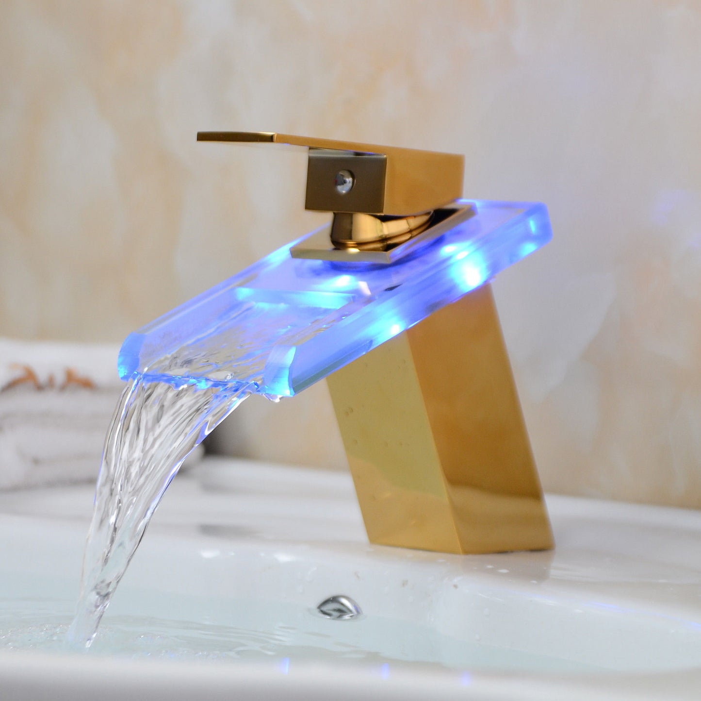 Color Changing LED Waterfall Gold Finish Bathroom Sink Faucet