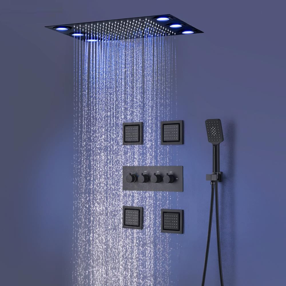 Juno Concealed 3 Functions Black LED Shower Head with 4 Inch Body Jets