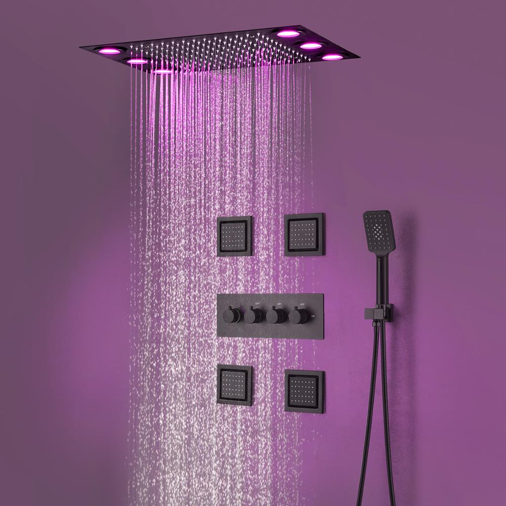 Juno Concealed 3 Functions Black LED Shower Head with 4 Inch Body Jets
