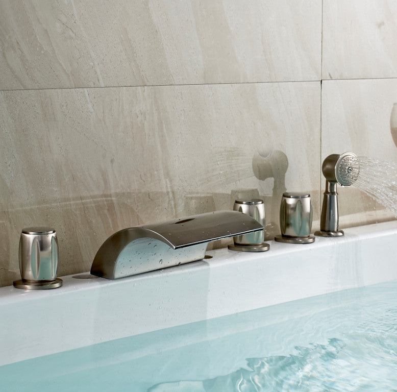 Contemporary Brushed Nickel Three Handle Deck Mount Faucet in Bathtub Faucet