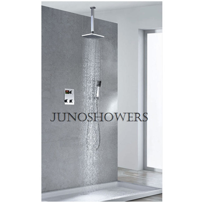Contemporary Square Shower Head Thermostatic Digital Display Bathroom Handheld Shower