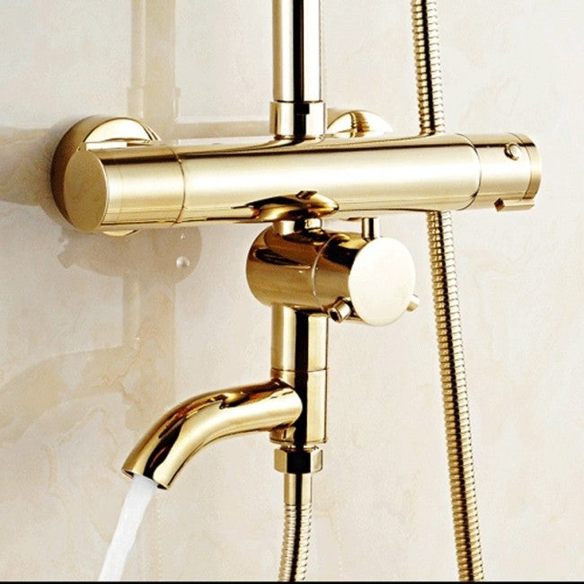 Juno Contemporary Thermostatic Gold Bathroom Faucet Shower with Hand-Held Shower