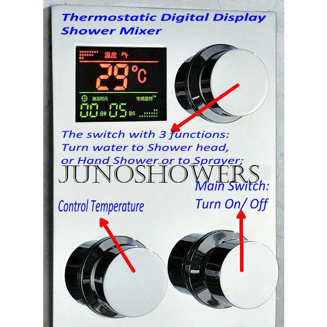 Contemporary Square Shower Head Thermostatic Digital Display Bathroom Handheld Shower