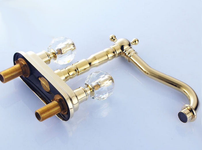 Crystal Dual Handle Long Neck Deck Mount Bathroom & Kitchen Faucet in Gold Faucet