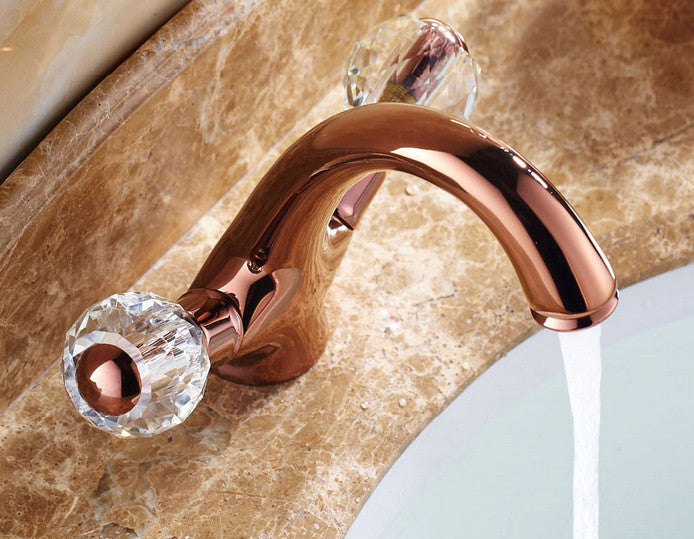 Crystal Handle Rose Gold Chrome Finish Deck Mount Bathroom Basin Faucet in Gold Faucet