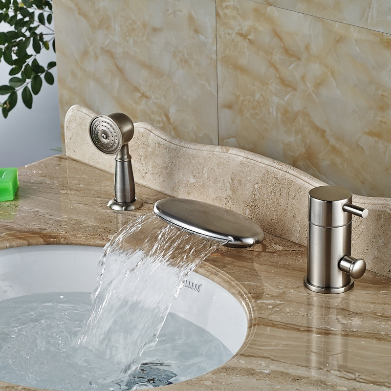 Curve Wide Brushed Nickel Deck Single Handle Waterfall with Hand-Held Shower 