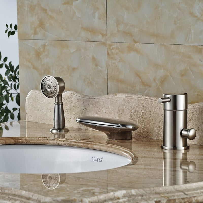 Curve Wide Brushed Nickel Deck Single Handle Waterfall with Hand-Held Shower 