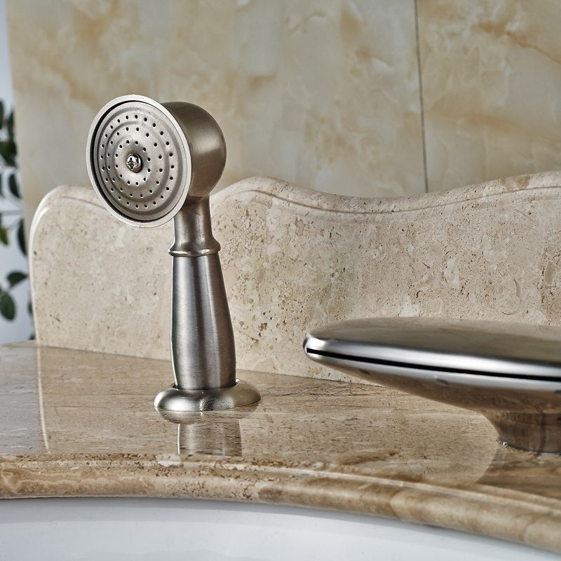 Curve Wide Brushed Nickel Deck Single Handle Waterfall with Hand-Held Shower 
