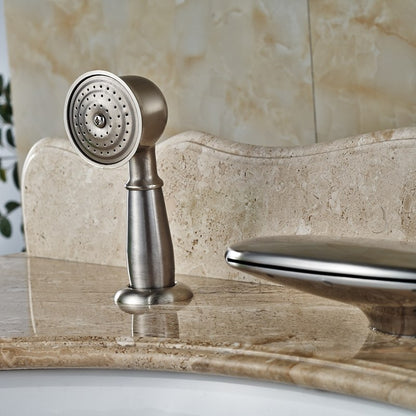 Curve Wide Brushed Nickel Deck Single Handle Waterfall with Hand-Held Shower 