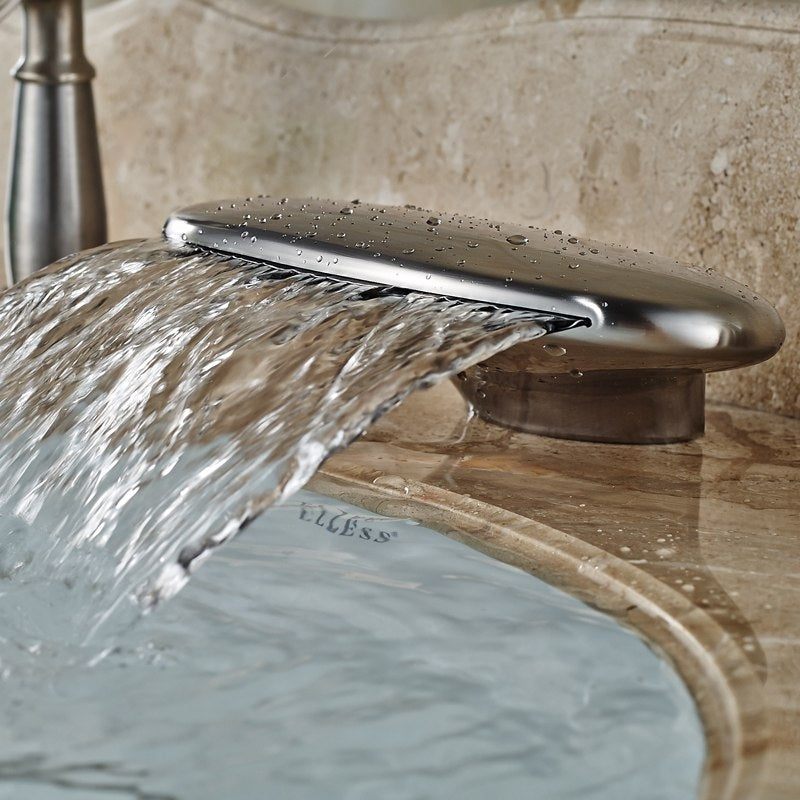 Curve Wide Brushed Nickel Deck Single Handle Waterfall with Hand-Held Shower 