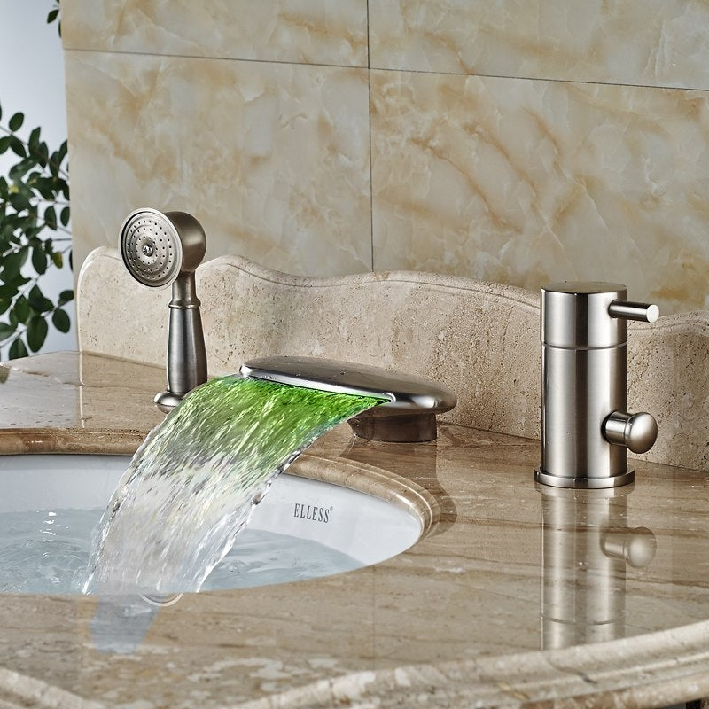Curve Wide Brushed Nickel Deck Single Handle Waterfall with Hand-Held Shower 