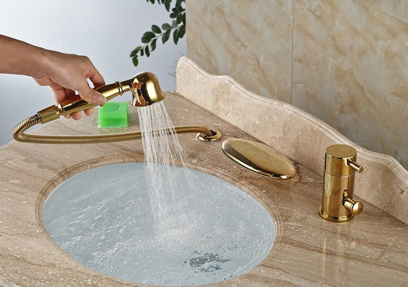 Curve Wide Waterfall Deck Single Handle Waterfall with Hand-Held Shower  