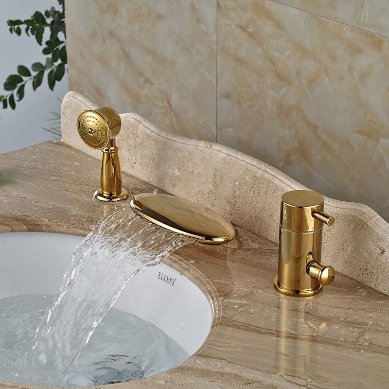 Curve Wide Waterfall Deck Single Handle Waterfall with Hand-Held Shower  