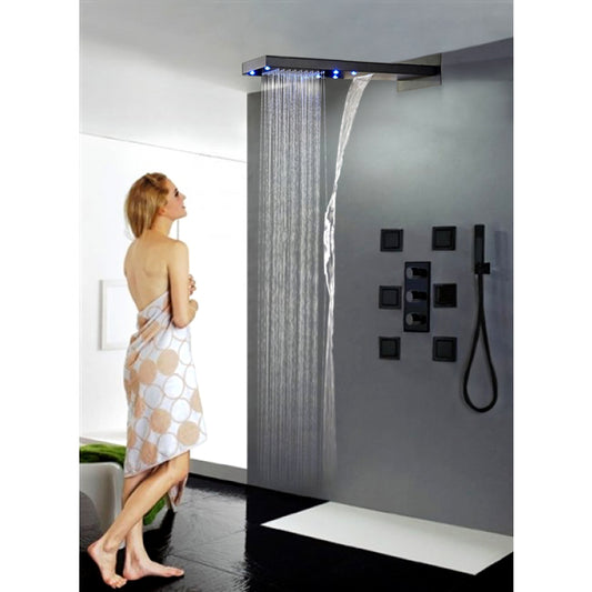 22" Dark Oil Rubbed Bronze Solid Brass Wall Mount LED Rain Shower Head with Body Jets Handheld Shower