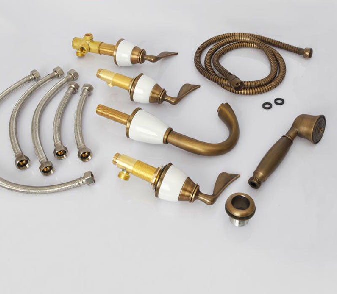 Antique Brass Finish Deck Mount Bathtub Faucet with Handheld shower Spray