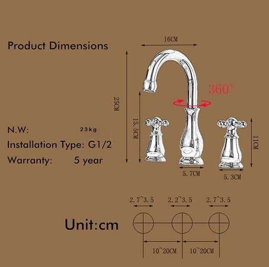 Solid Brass Dual Handle Widespread Three Holes Bathroom Sink Faucet Deck Mount Vanity Mixer Tap