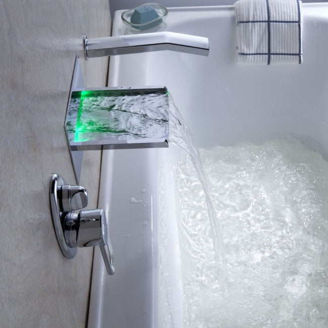 Delightful Le Havre Wall Mounted Waterfall LED Bathtub Faucets with Pull-Out Handheld Shower Head